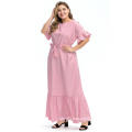 Short Sleeve Pink Ruffled Plus Size Maxi Dress